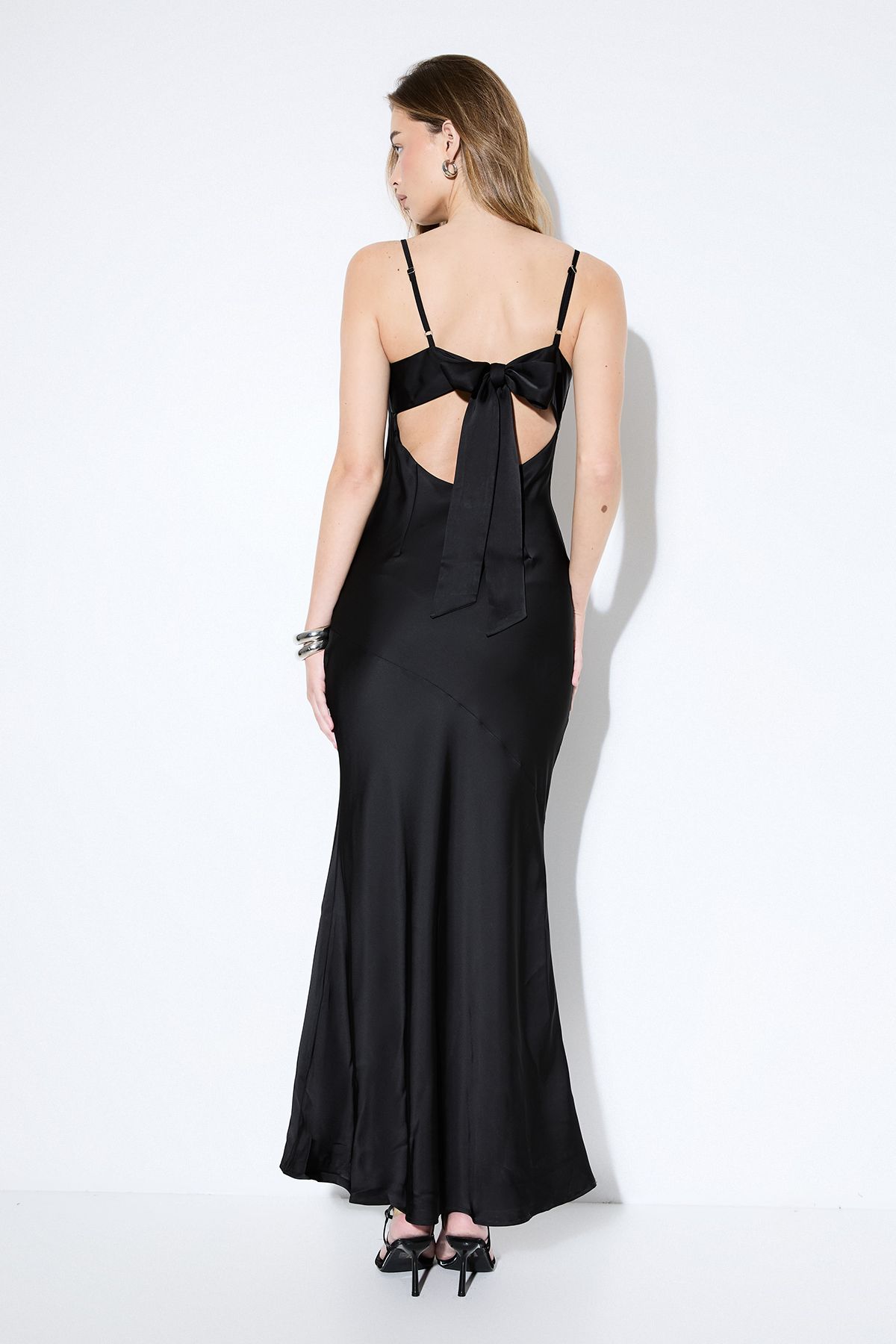 MissPap Premium Satin Bow Back Bias Cut Bridesmaid Dress Black image 3