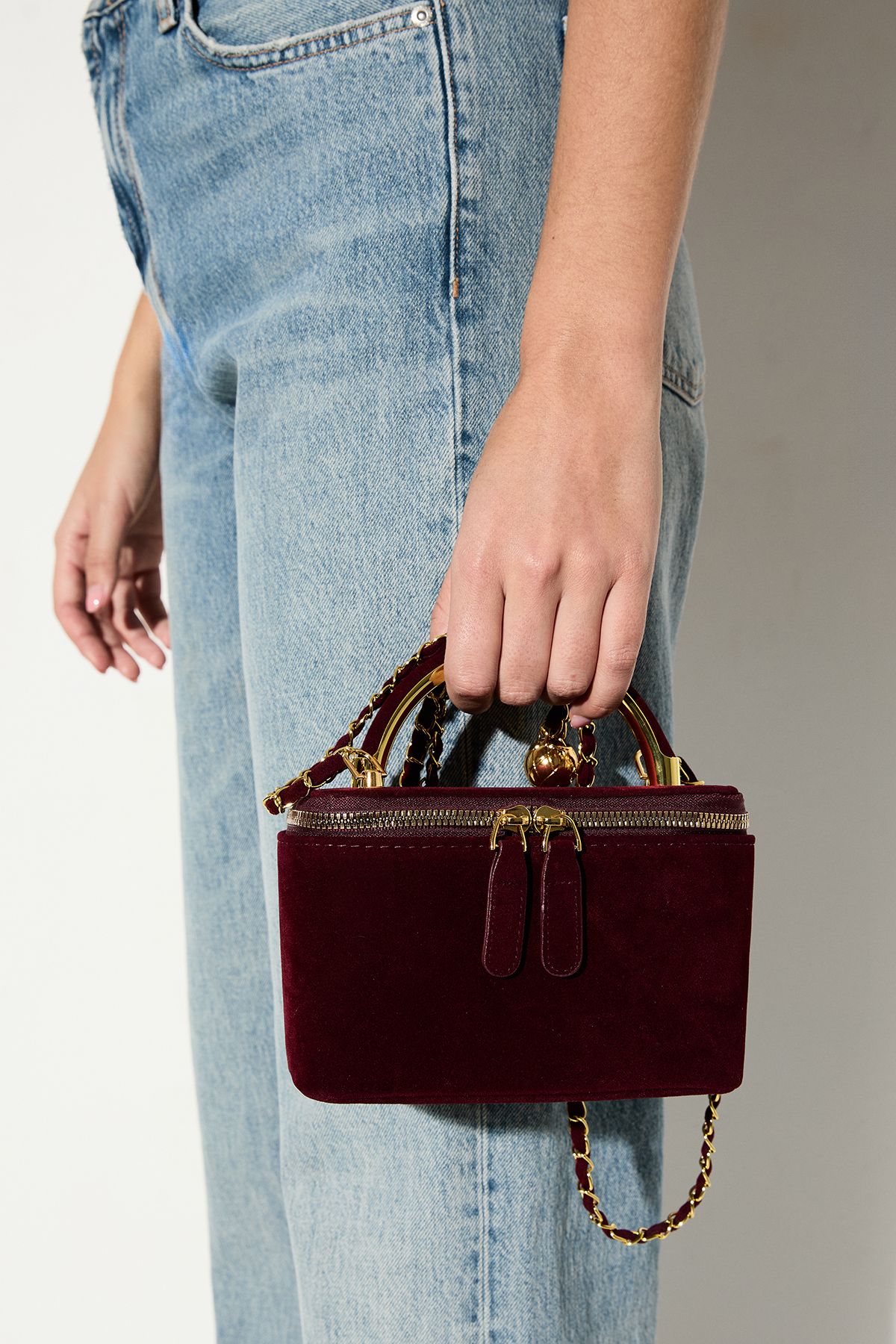 MissPap Faux Suede Grab Bag With Crossbody Chain Strap Burgundy image 2