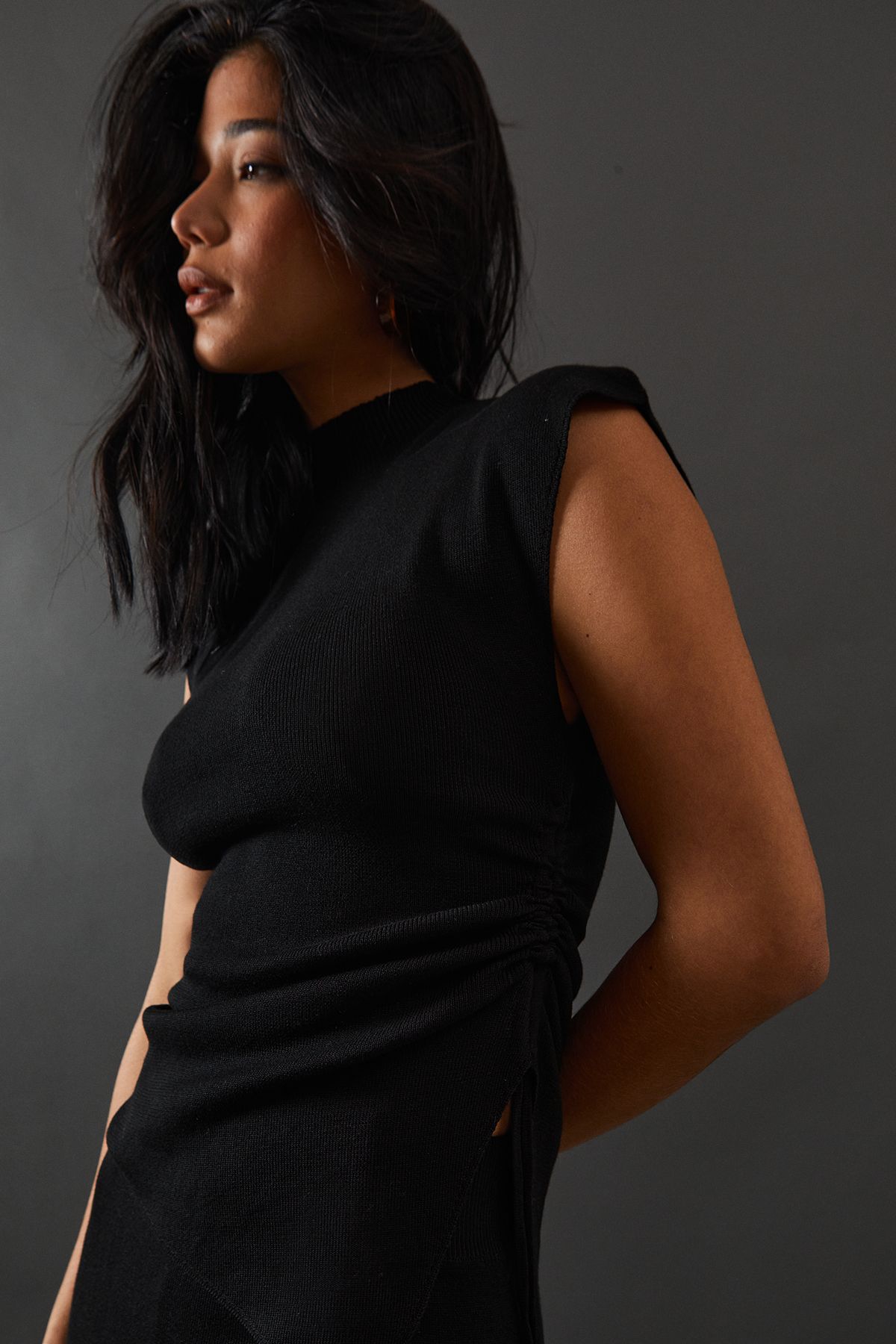 Warehouse Semi Sheer Ruched Side Button Back Detail Knitted Top Black image 1