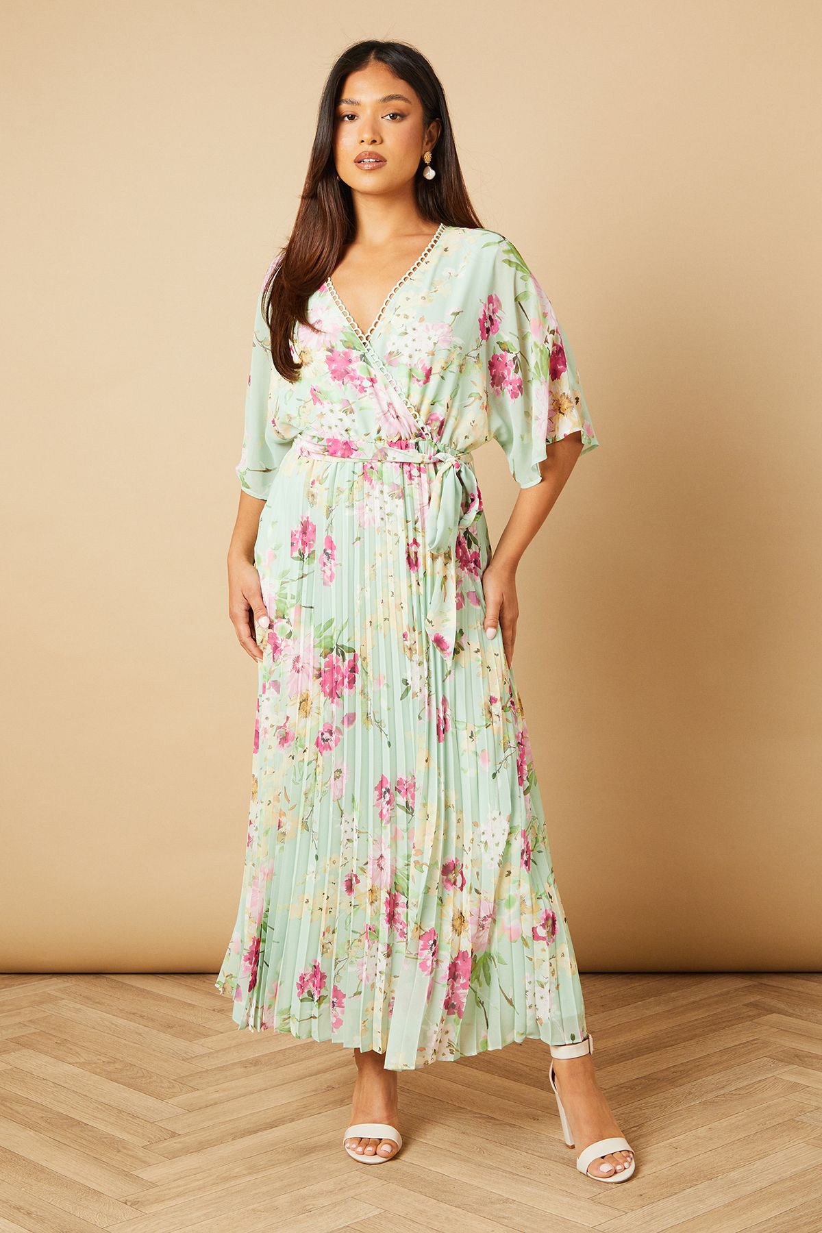 Oasis Petite Occasion Kimono Sleeve Pleated Midi Dress Sage image 1