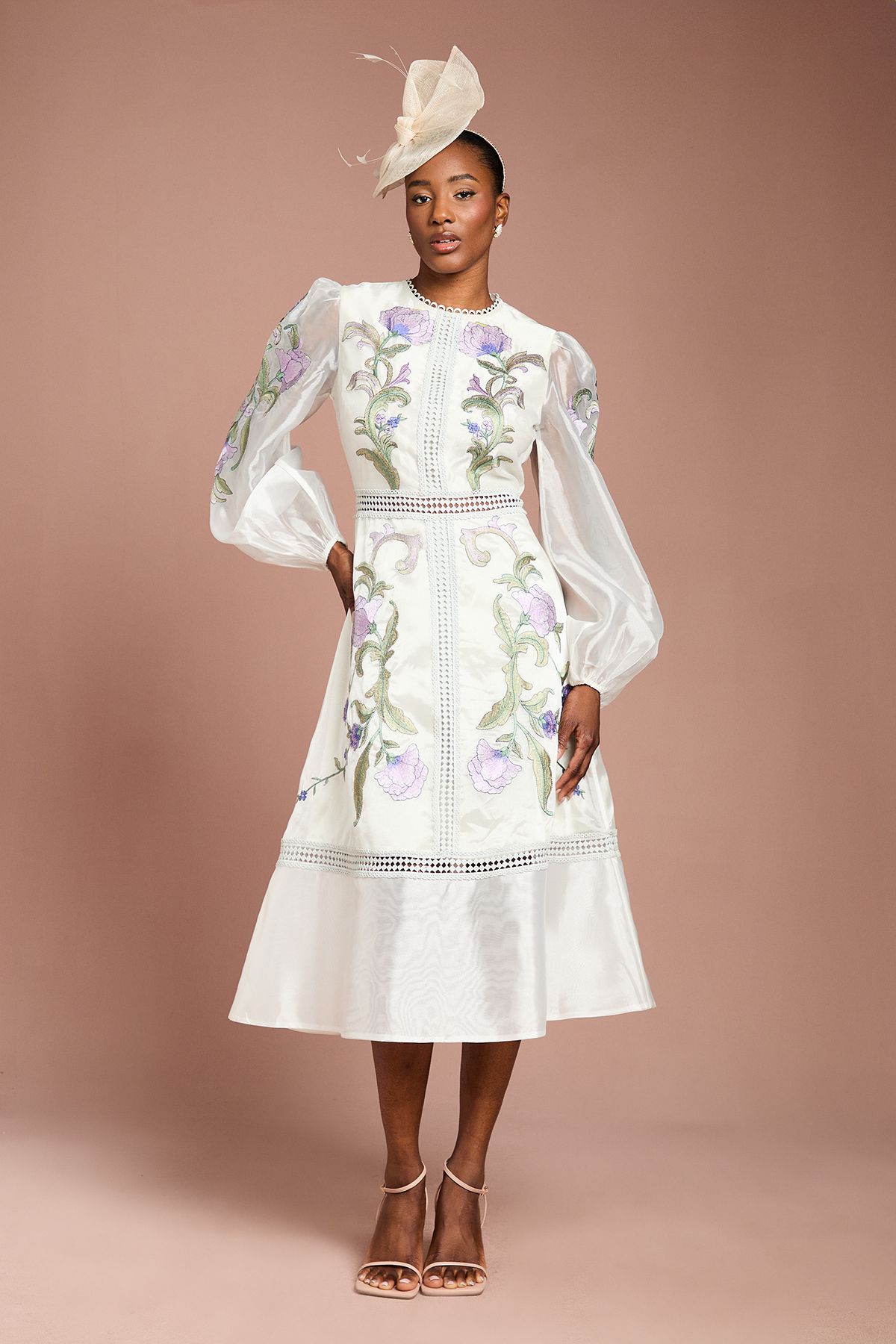 Coast Blouson Sleeve Embroidered Midi Dress Light Blue