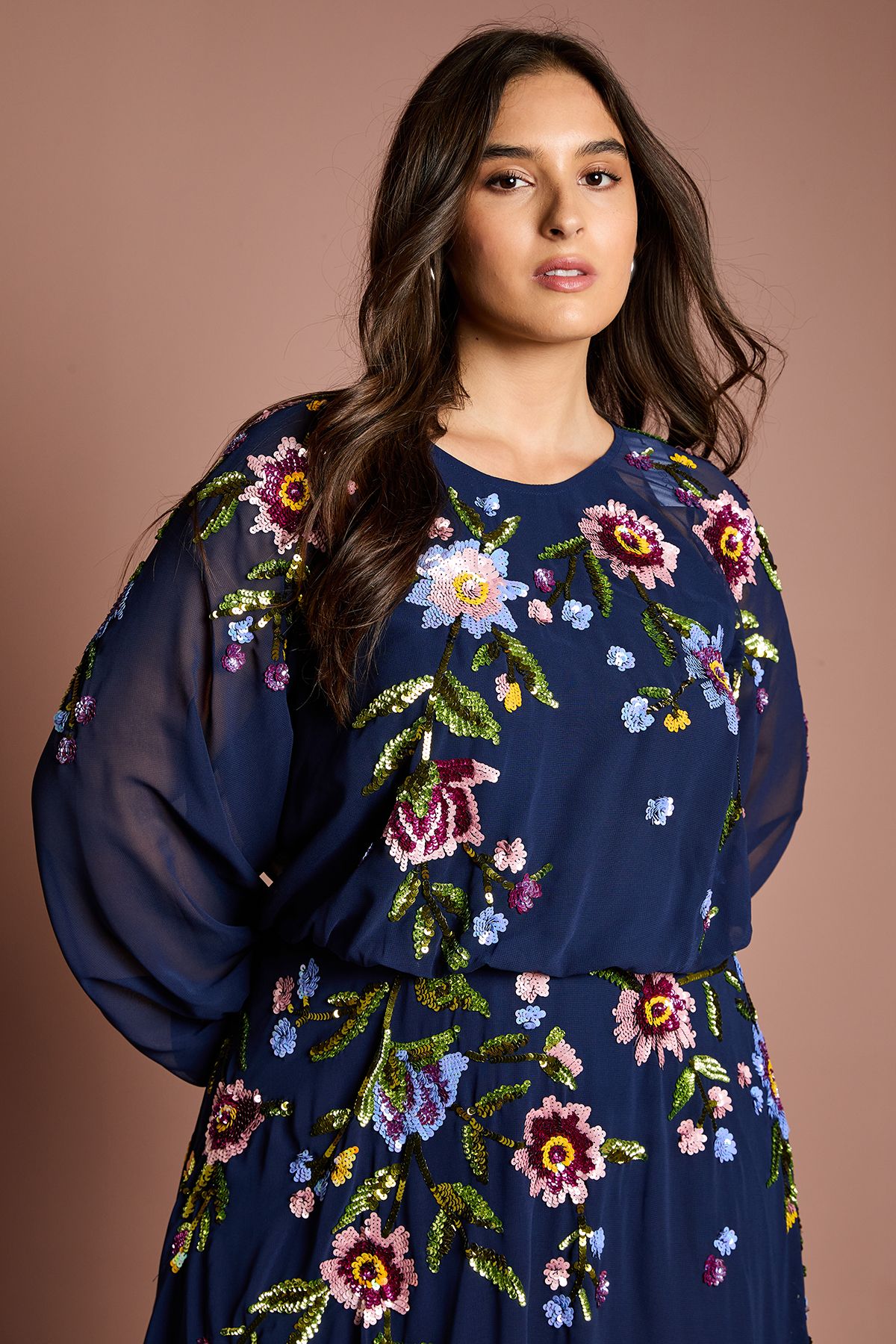 Coast Plus Size Long Sleeve Floral Embellished Sequin Midi Dress Navy image 2