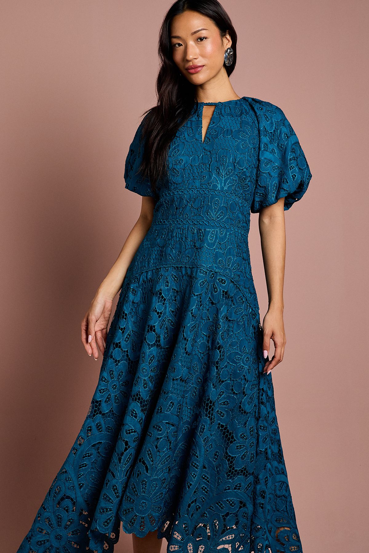 Coast Lace Hanky Hem Puff Sleeve Dress Teal image 2