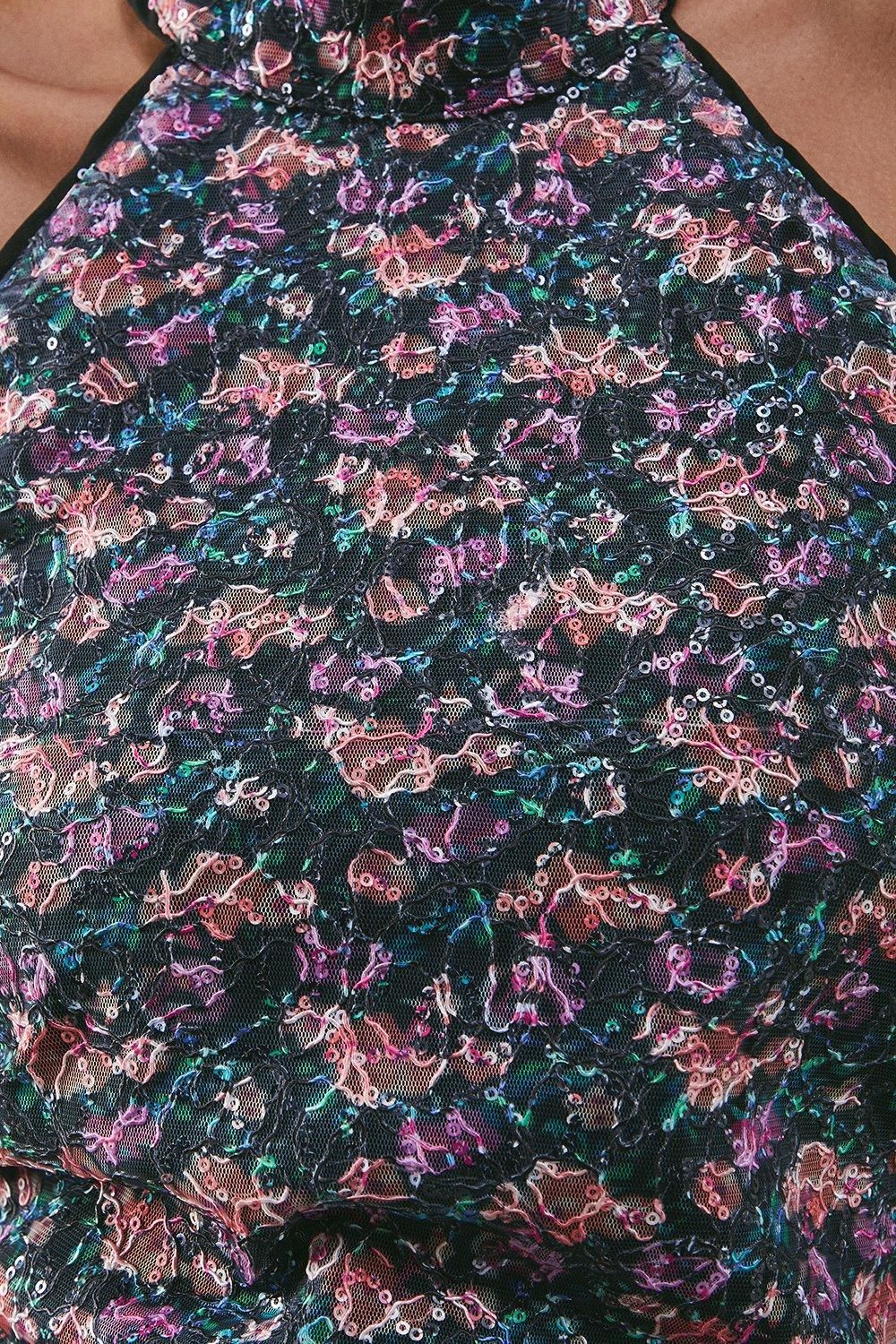 Warehouse Print Sequin Lace High Neck Halter Mini Dress Multi image 5