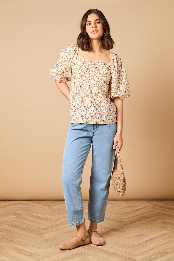 Oasis Printed Puff Sleeve Square Neck Cotton Top Multi