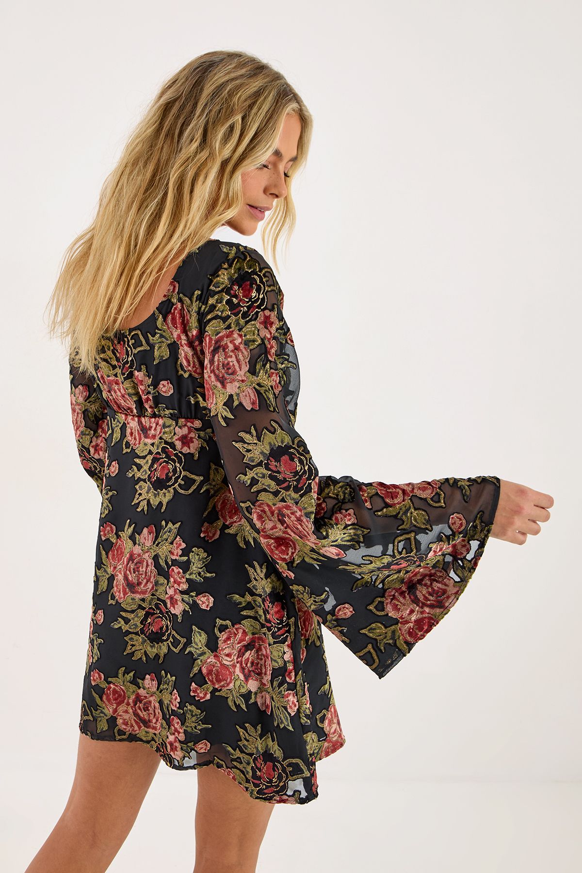 NastyGal Floral Devore Tie Front Fluted Sleeve Mini Dress Black image 4