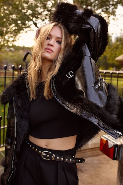 NastyGal Premium Vinyl Plush Fur Buckle Aviator True Black