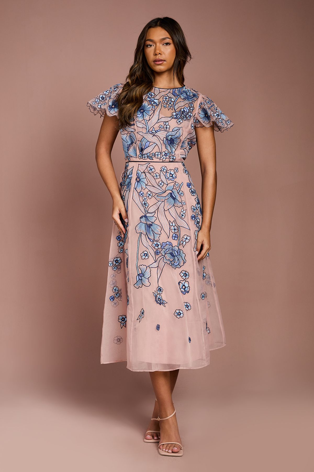 Coast Floral Embroidered Cutwork Sleeve Midi Dress Peach