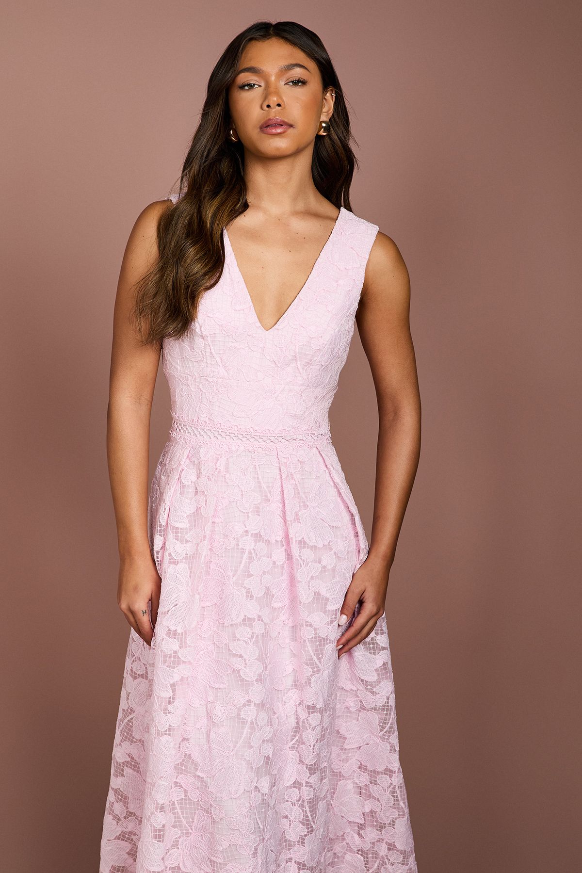 Coast V Neck Organza Lace Full Skirted Midi Dress Lilac image 4