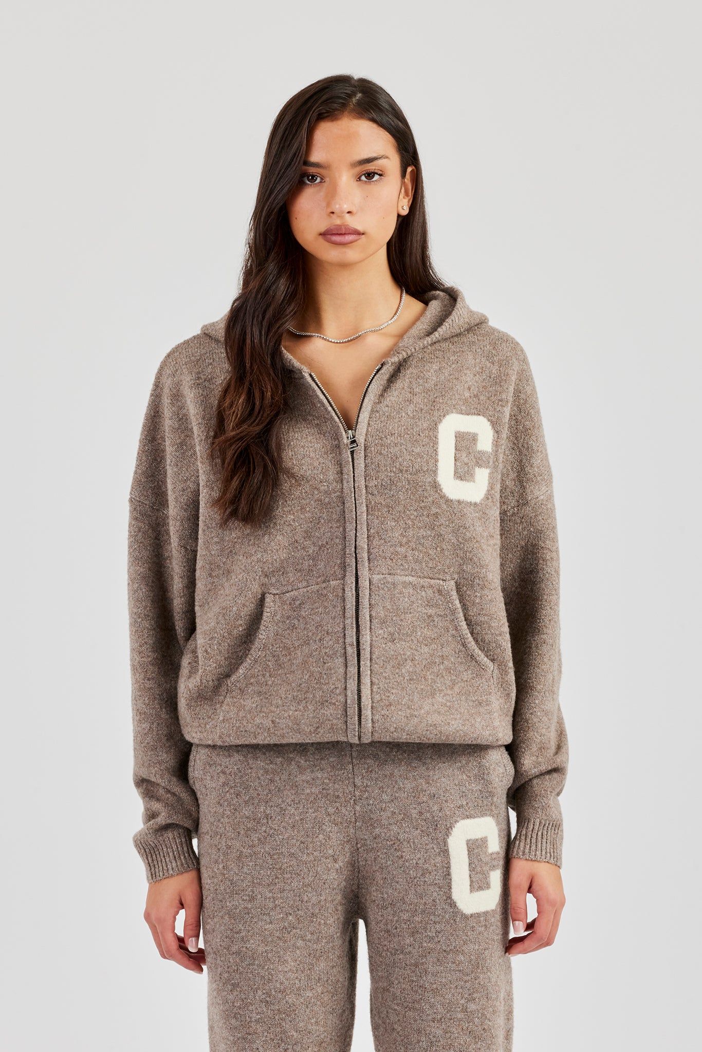 Cernucci Hooded Zip Through Knitted Jumper - Taupe image 5