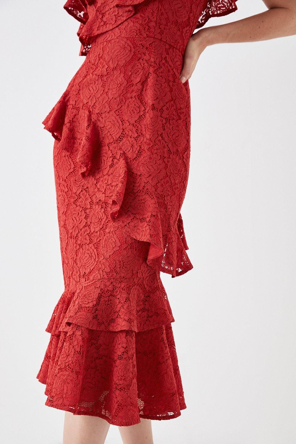 Coast Sophie Habboo Asymmetric Lace Midi Dress Red image 3