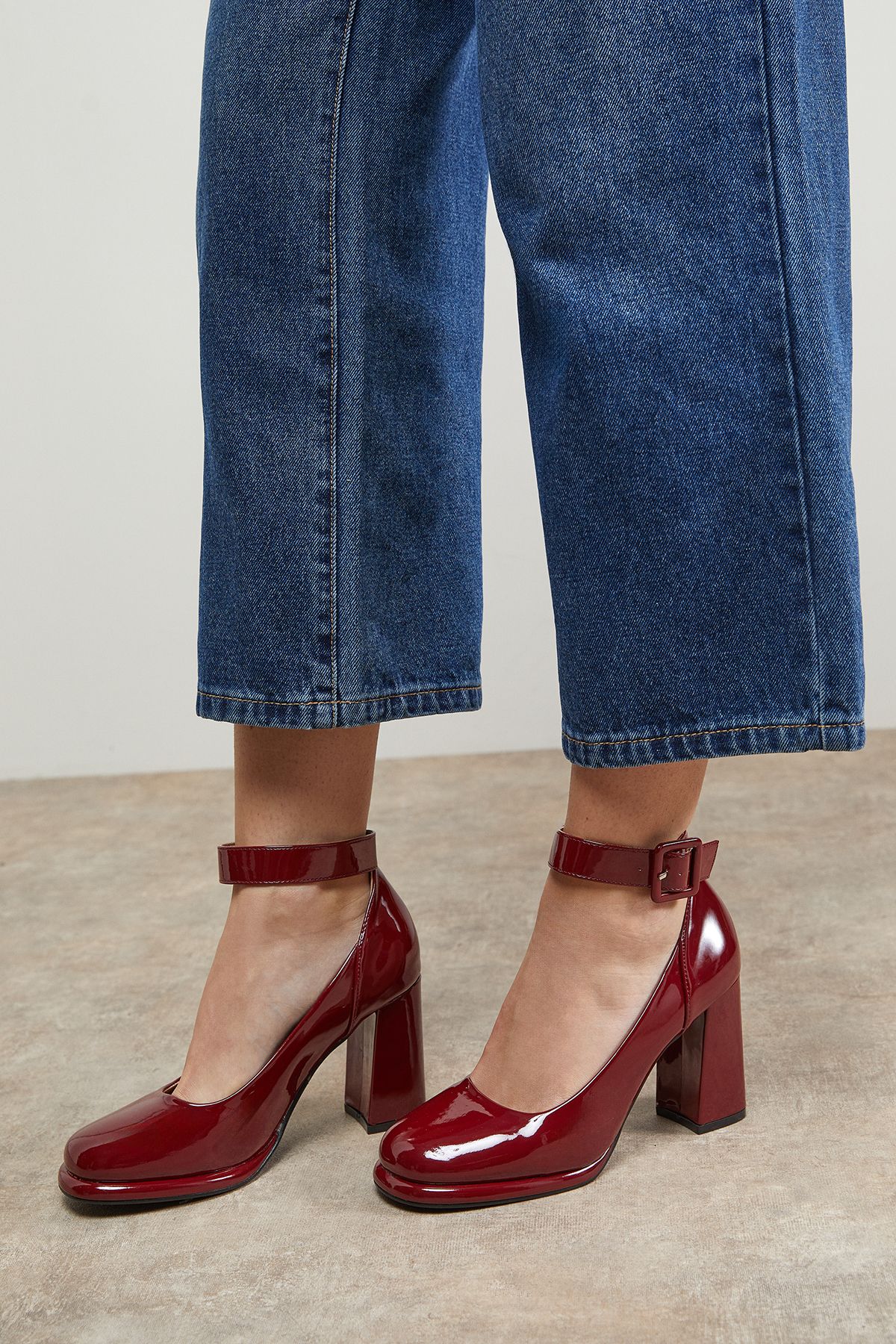 Oasis Celine Faux Patent Leather Covered Buckle High Block Heel Platform Court Shoes Burgundy image 1