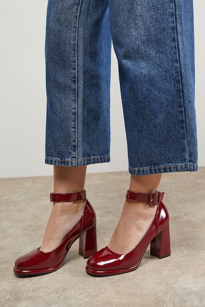 Oasis Celine Faux Patent Leather Covered Buckle High Block Heel Platform Court Shoes Burgundy