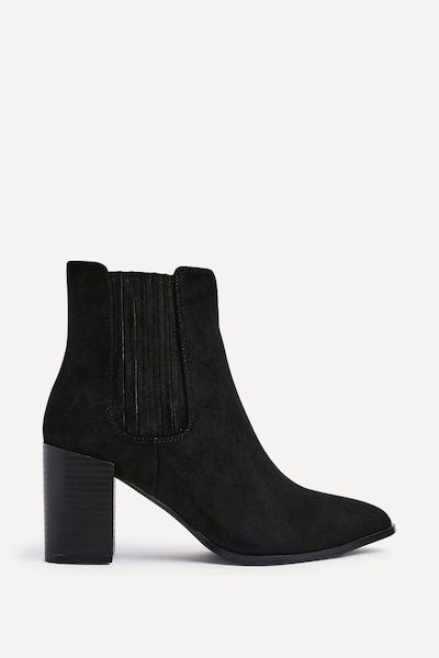 Linzi Thrive Black Suede Pointed Toe Stacked Blook Heeled Boot