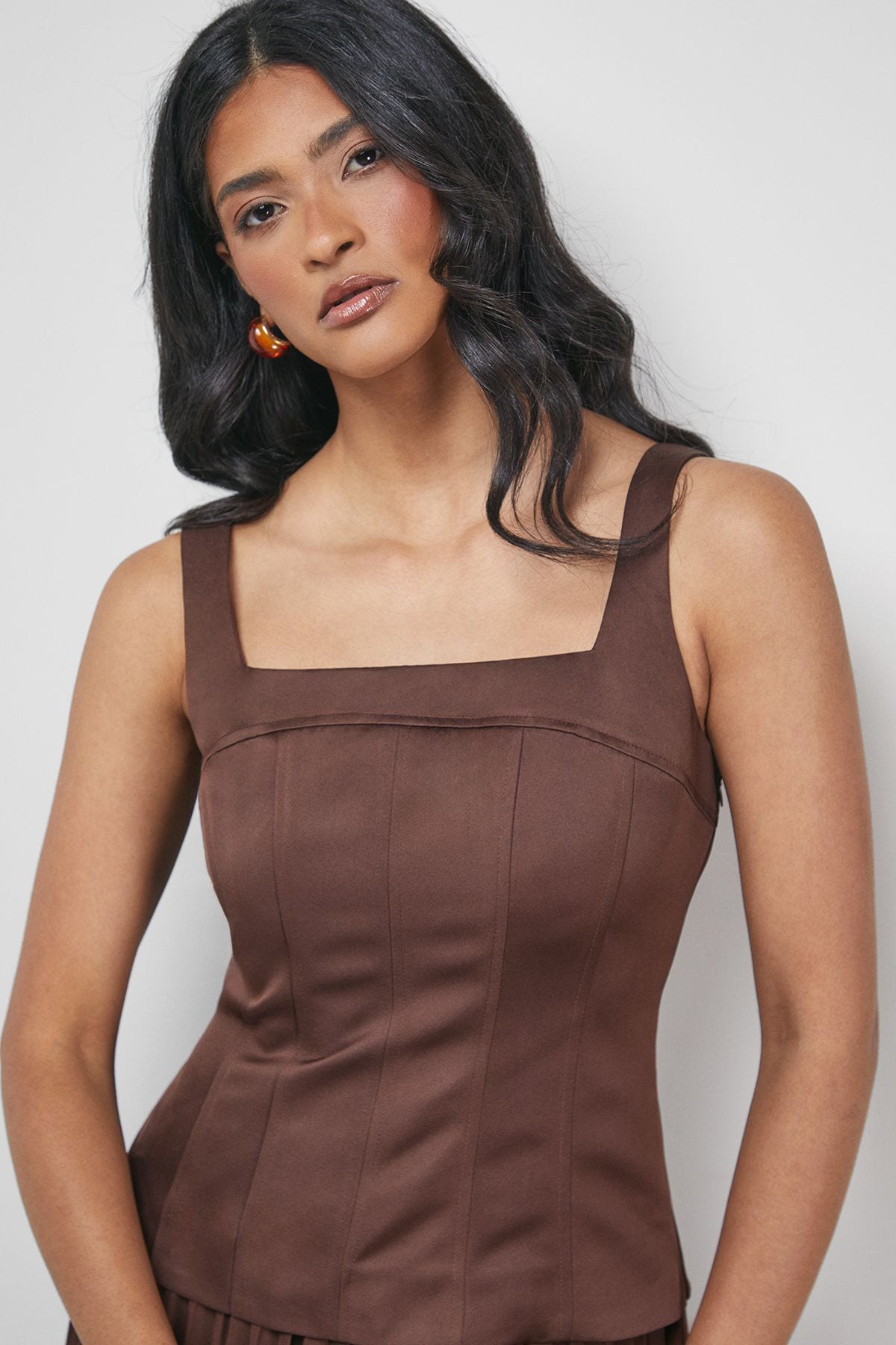 Warehouse Satin Fitted Bodice Chiffon Pleated Skirt Midi Dress Chocolate image 4