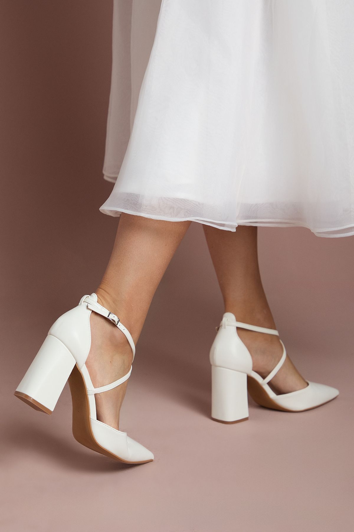 Coast Treat Faux Leather  Cross Strap Pointed Block Heel Court Shoes White image 4