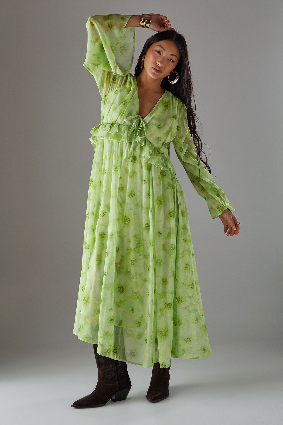 Warehouse Petite Chiffon Plunge Neck Ruffle Midi Smock Dress Yellow image 1