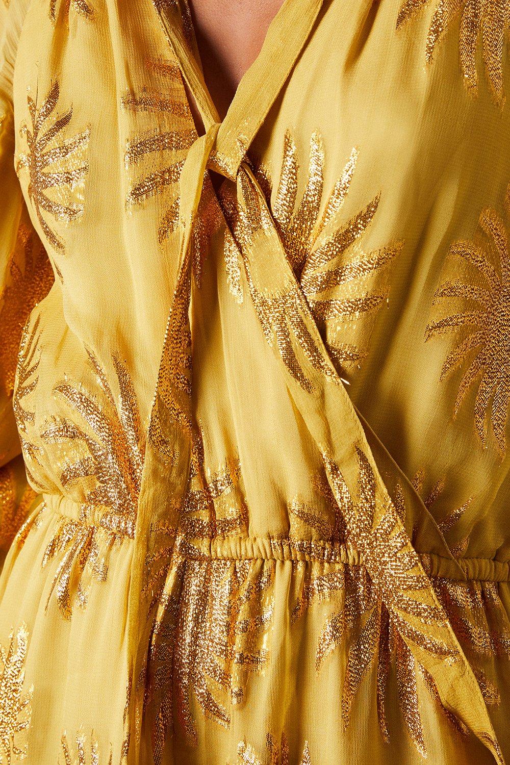 Warehouse Sun Metallic Jacquard Tie Neck Jumpsuit Gold image 5