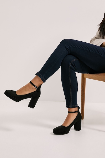 Dorothy Perkins Vanessa Faux Suede Platform Ankle Strap High Block Heel Court Shoes Natural Black