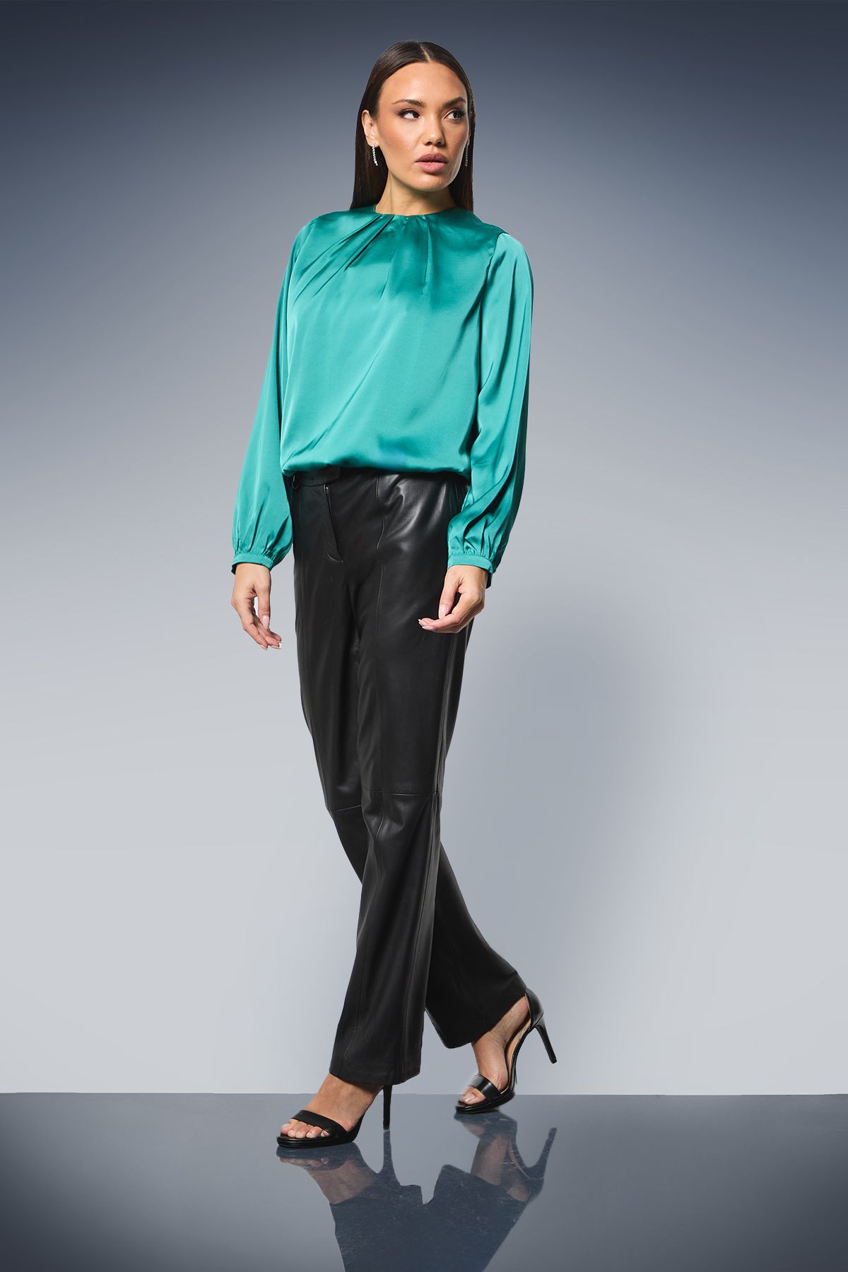 Principles Gathered Neck Tie Waist Satin Blouse Teal image 1