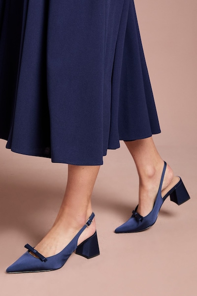 Coast Riley Satin Bow Detail Slingback Medium Block Heel Court Shoes Navy