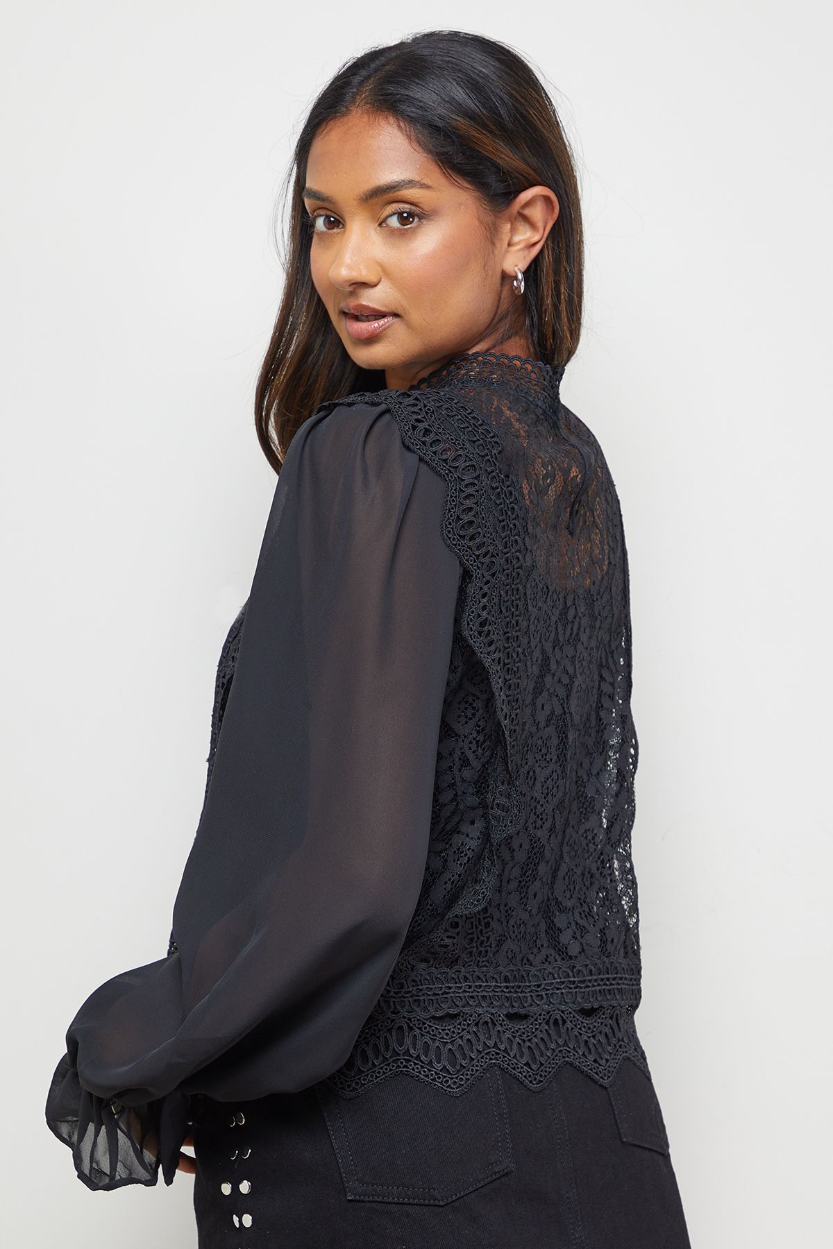 Oasis Sheer Lace Chiffon Sleeve Blouse Black image 3