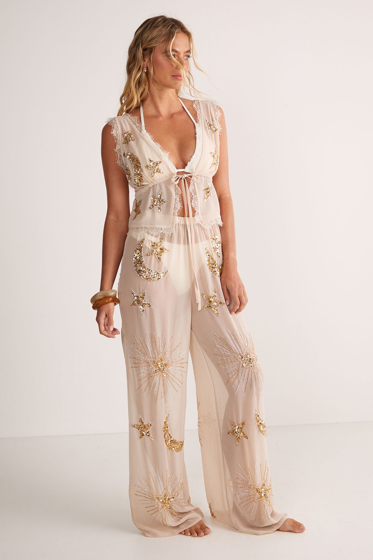 NastyGal Embellished Moon & Star Wide Leg Beach Trouser Champagne image 1