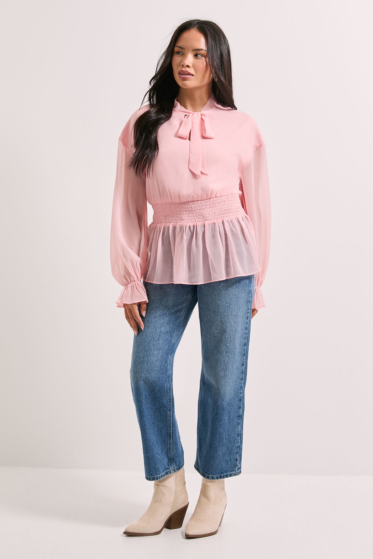 Dorothy Perkins Tie Neck Shirred Waist Boho Blouse Blush image 2