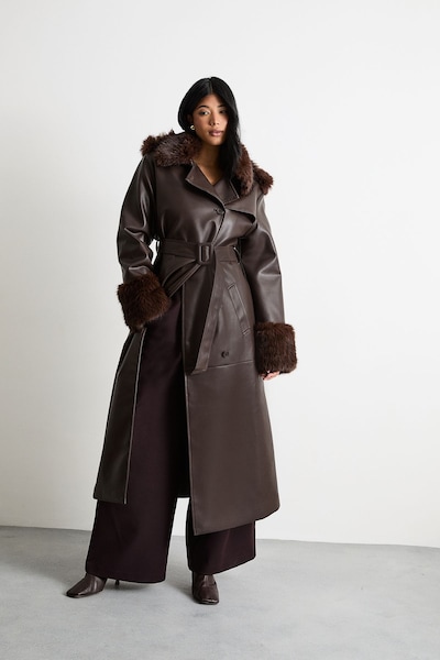 Warehouse PU Belted Faux Fur Collar Trench Coat Chocolate