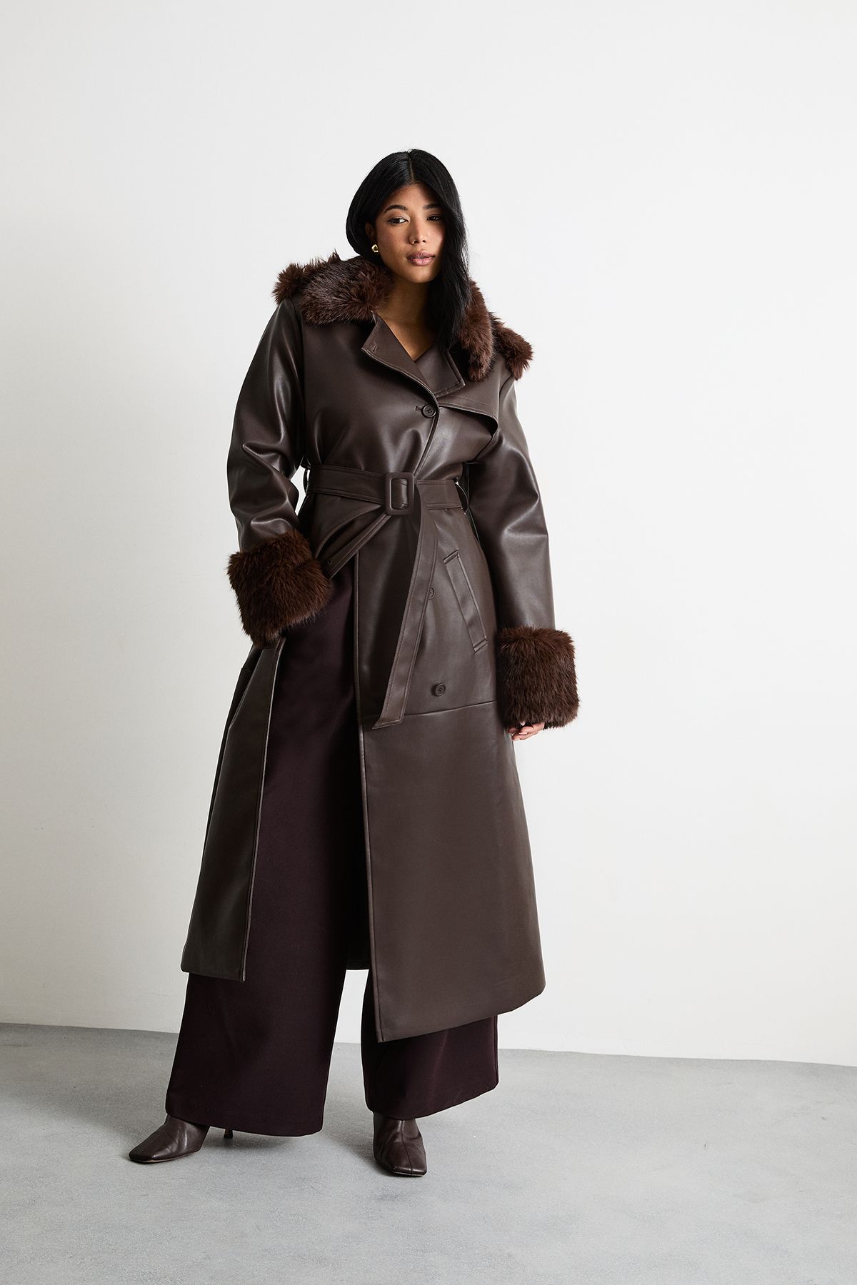 Warehouse PU Belted Faux Fur Collar Trench Coat Chocolate