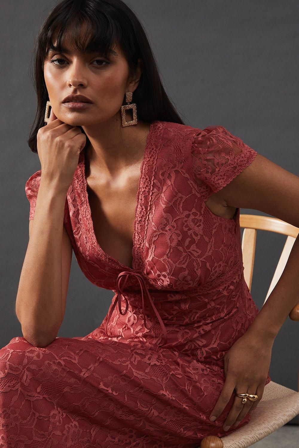 Warehouse Lace Cap Sleeve Bow Front Midi Tea Dress Rose image 4