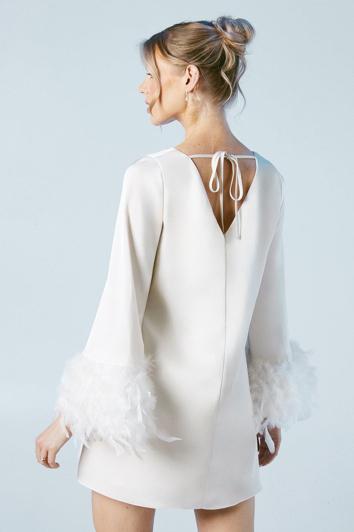 Oasis Feather Cuff Satin Bridal Mini Dress Ivory image 3