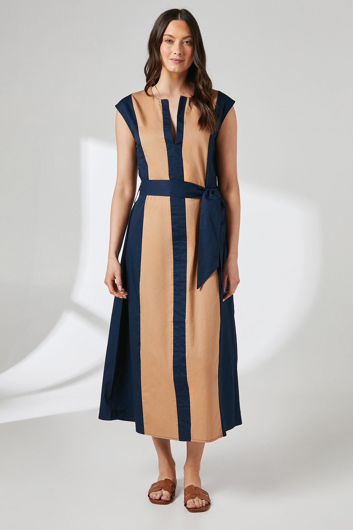 Principles Camel Colour Block Notch Neck Tie Waist Midi Dress Camel image 1