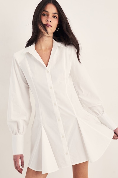 NastyGal Cotton Seam Detail Shoulder Pad Flippy Shirt Dress White