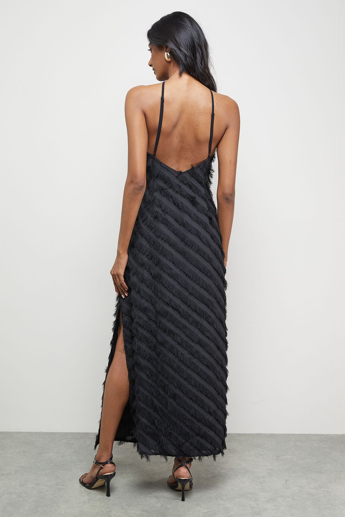 Warehouse Diagonal Fluffy Halter Maxi Dress Black image 3