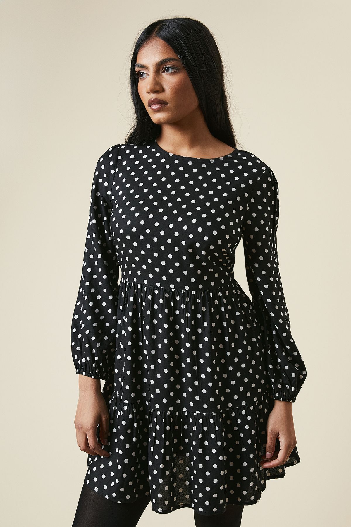 Dorothy Perkins Petite Black Spot Tiered Hem Mini Dress Black image 1