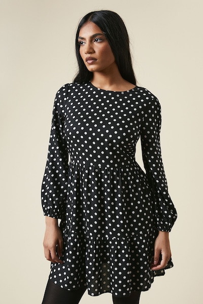 Dorothy Perkins Petite Black Spot Tiered Hem Mini Dress Black
