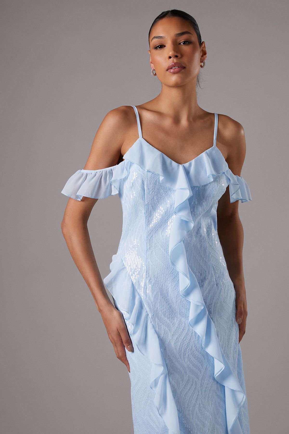 Coast Sequin Frill Midi Wedding Guest Dress Blue image 2