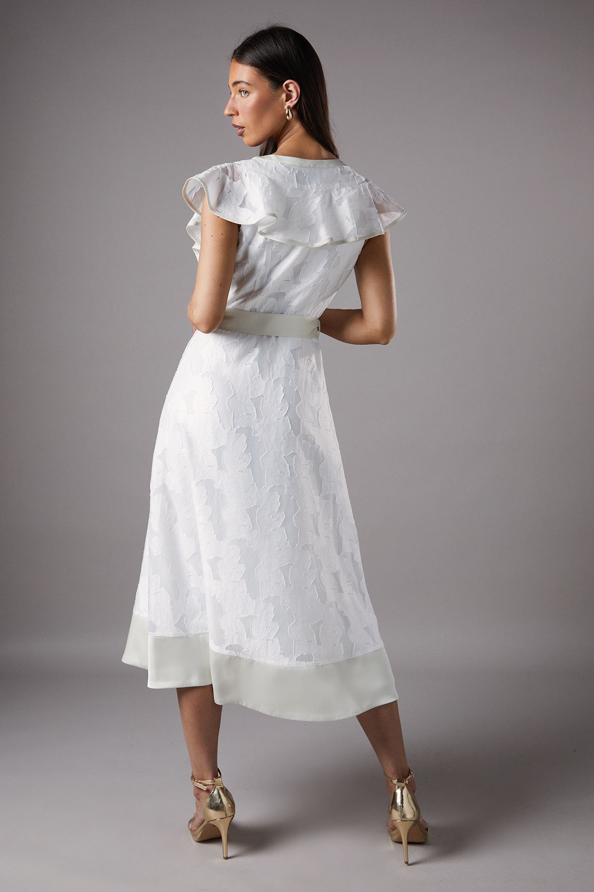 Coast V Neck Organza Jacquard Button Down Midi Dress Ivory image 3