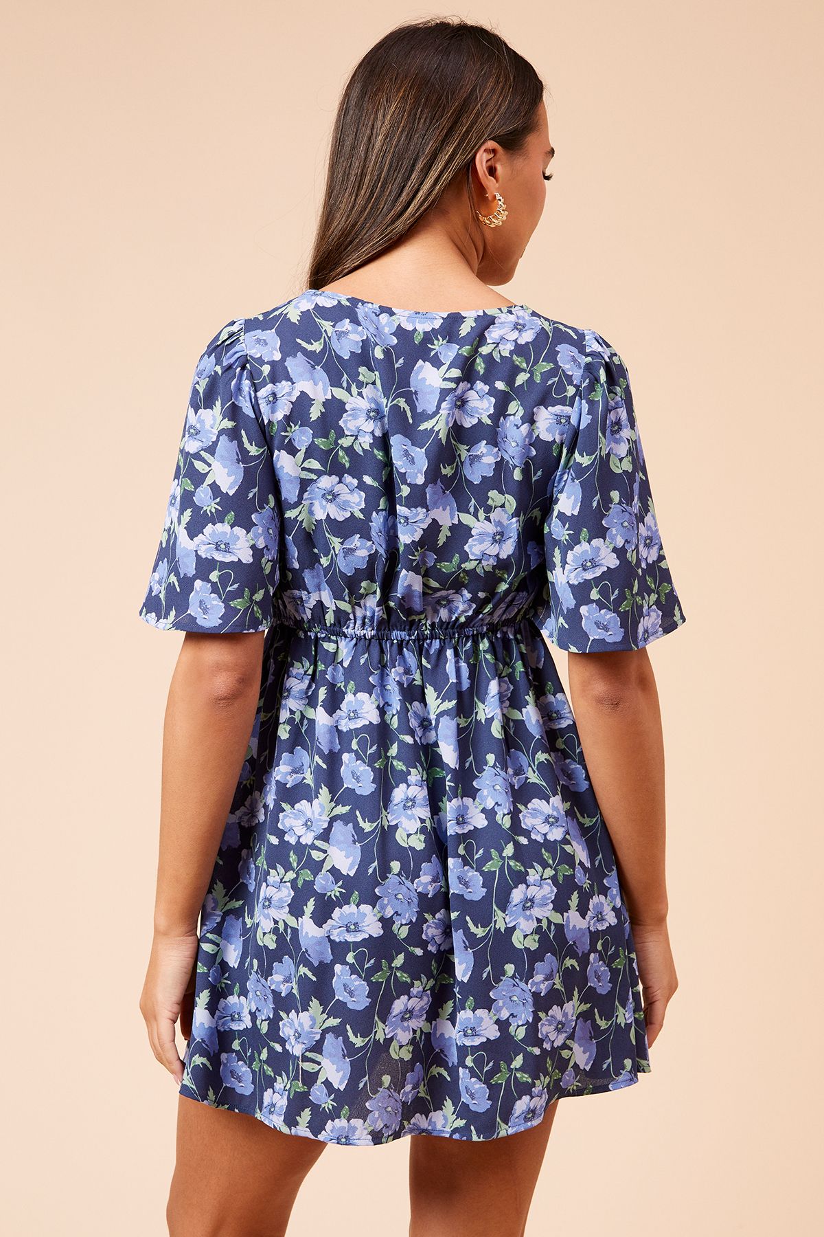 Dorothy Perkins Blue Floral Seamed Bodice Angel Sleeve Mini Dress Floral image 3