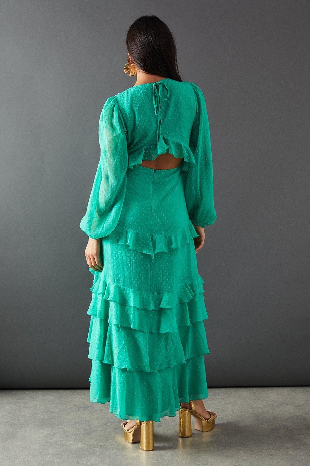 Warehouse Dobby Chiffon Ruffle Midi Dress Green image 3