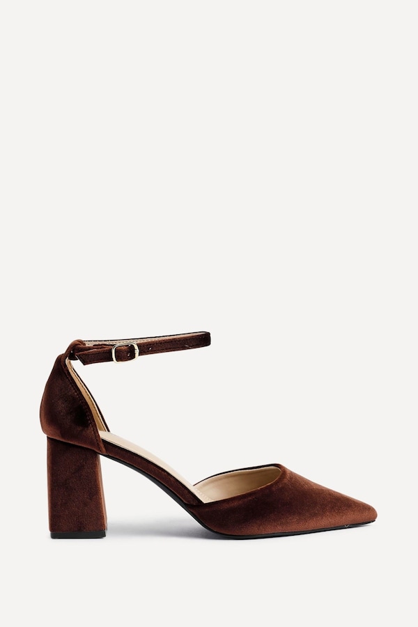 Linzi Glam Brown Velvet Pointed Block Heel Courts