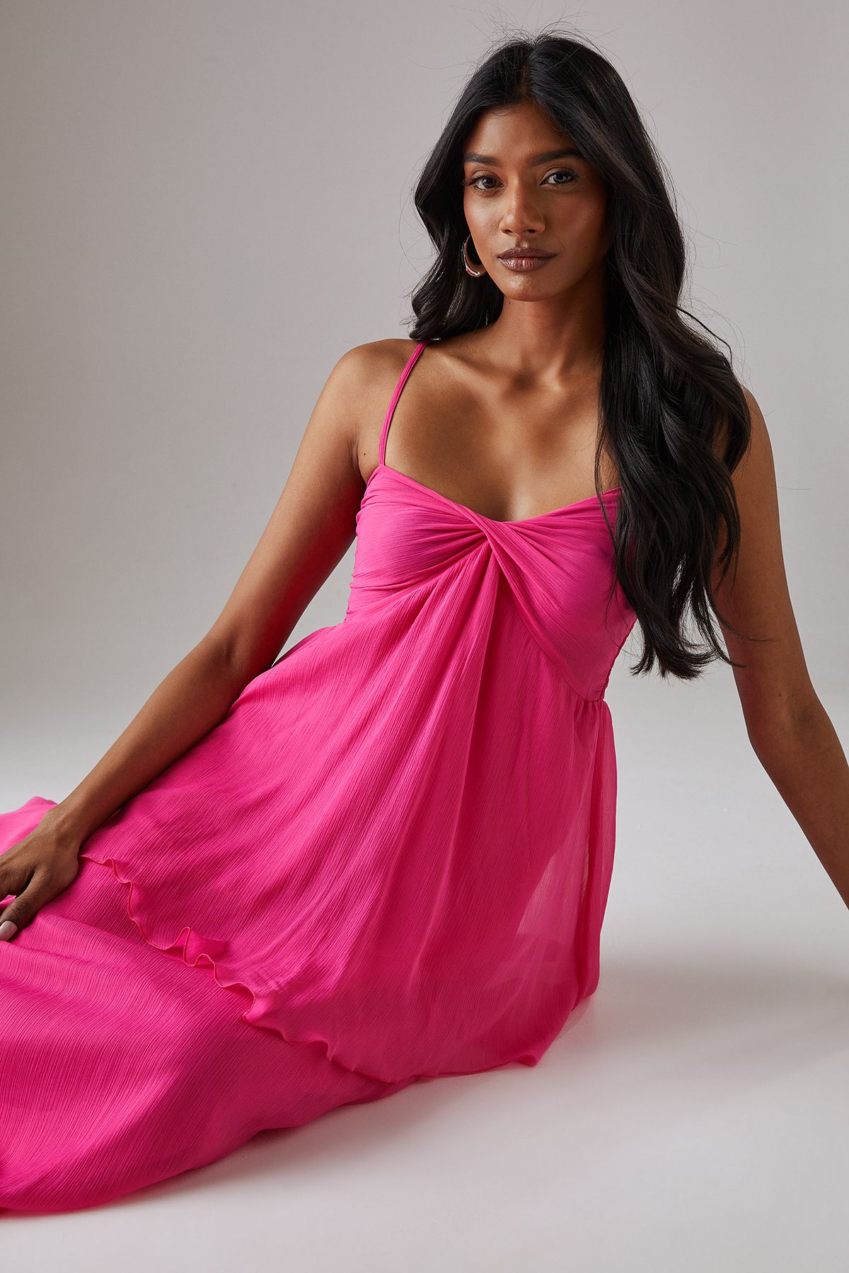 Warehouse Chiffon Asymmetric Double Layer Bandeau Maxi Dress Bright Pink image 4