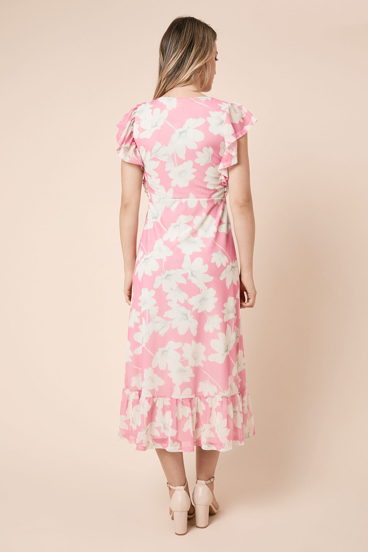 Dorothy Perkins Pink Frill Sleeve Belt Detail Mesh Jersey Midi Dress Pink image 4