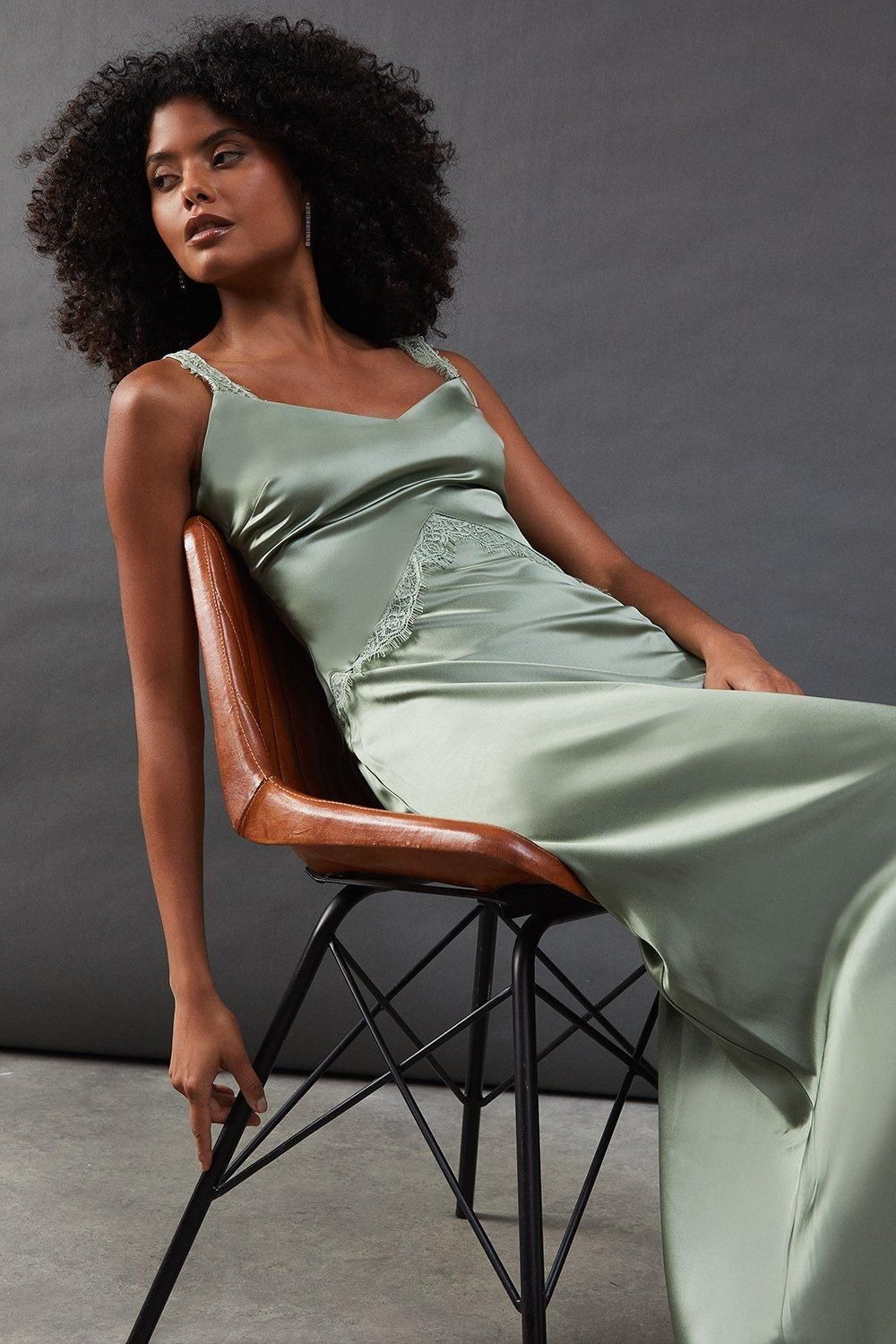 Warehouse Olive Lace Panelling Satin Midi Dress PLT