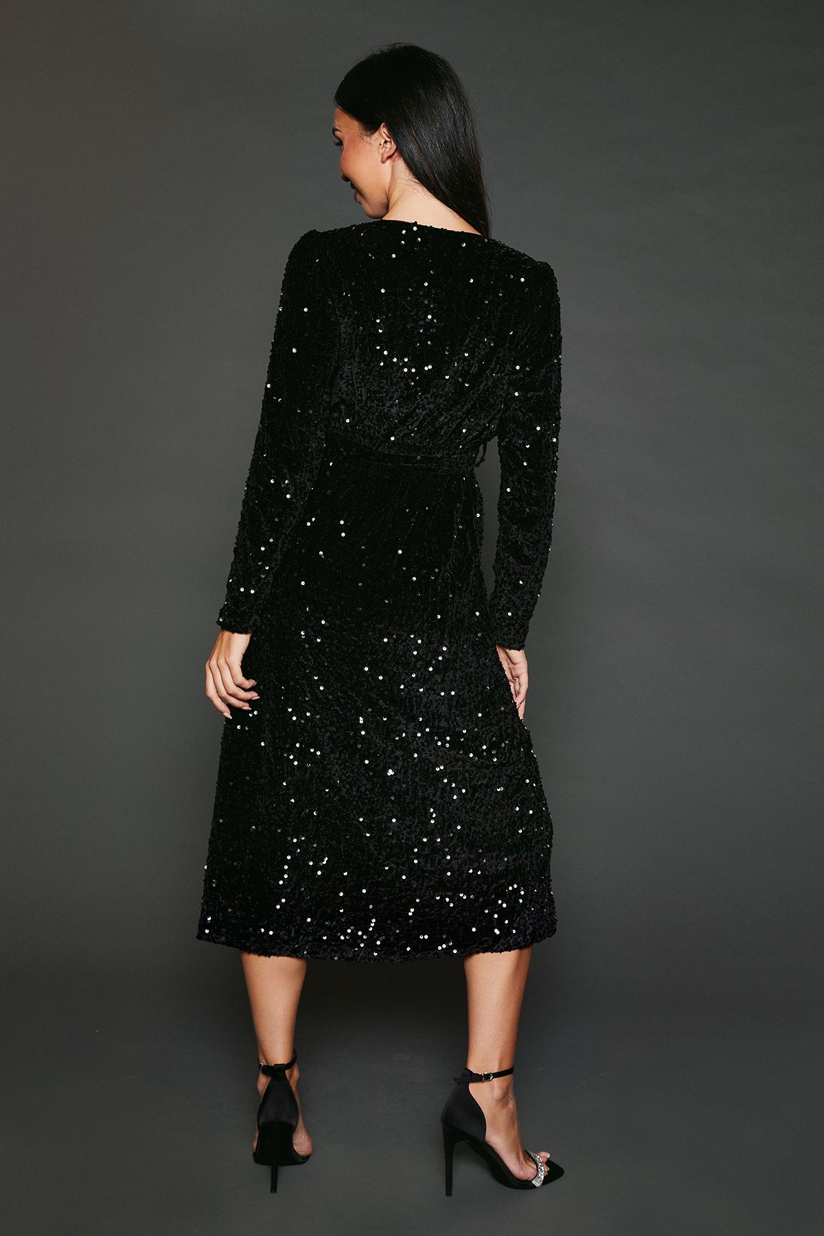 Dorothy Perkins Velvet Sequin Wrap Midi Dress Black image 3