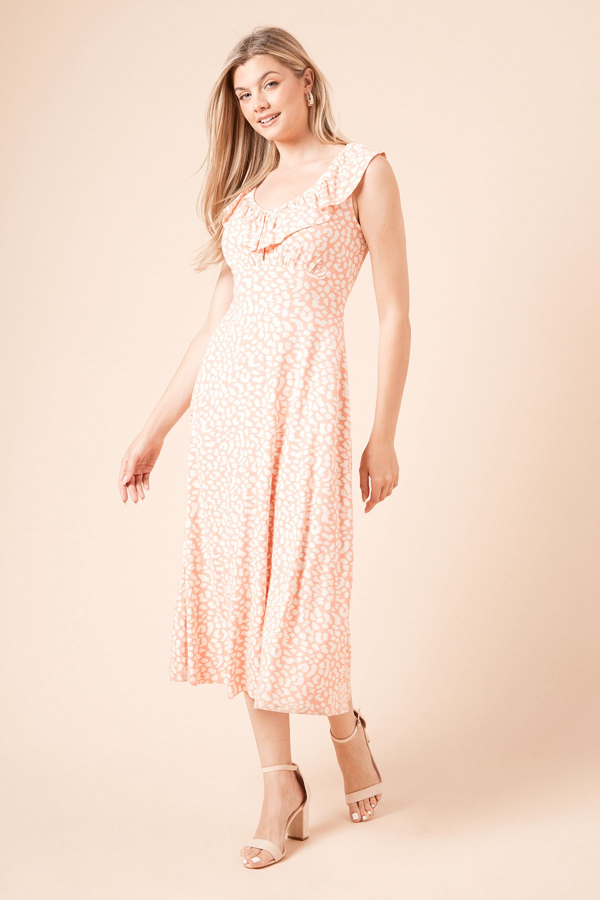 Dorothy Perkins Coral Animal Frill Neck Empire Midi Dress Animal