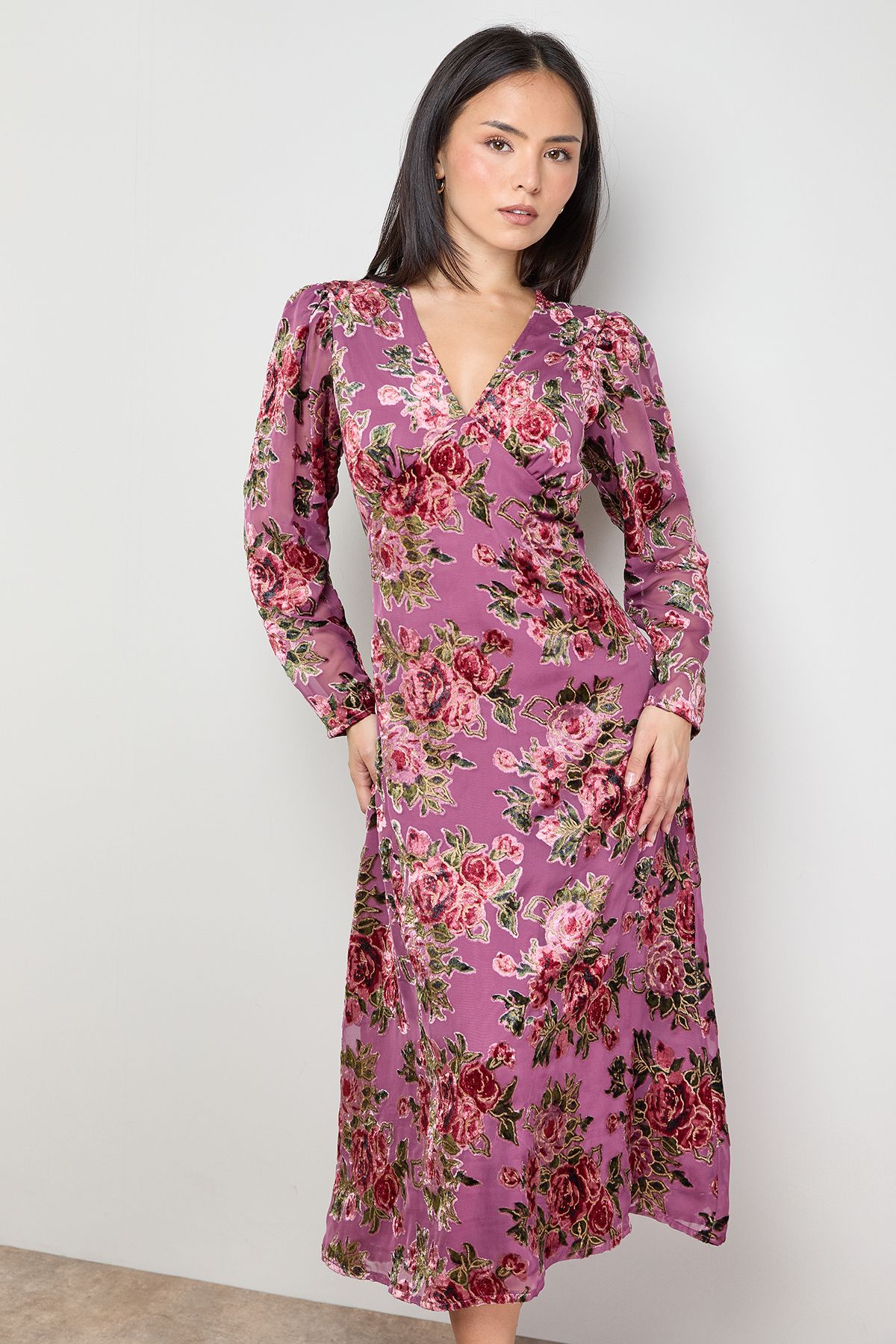 Oasis Petite Devore Puff Sleeve Bias Tea Dress Rose image 4