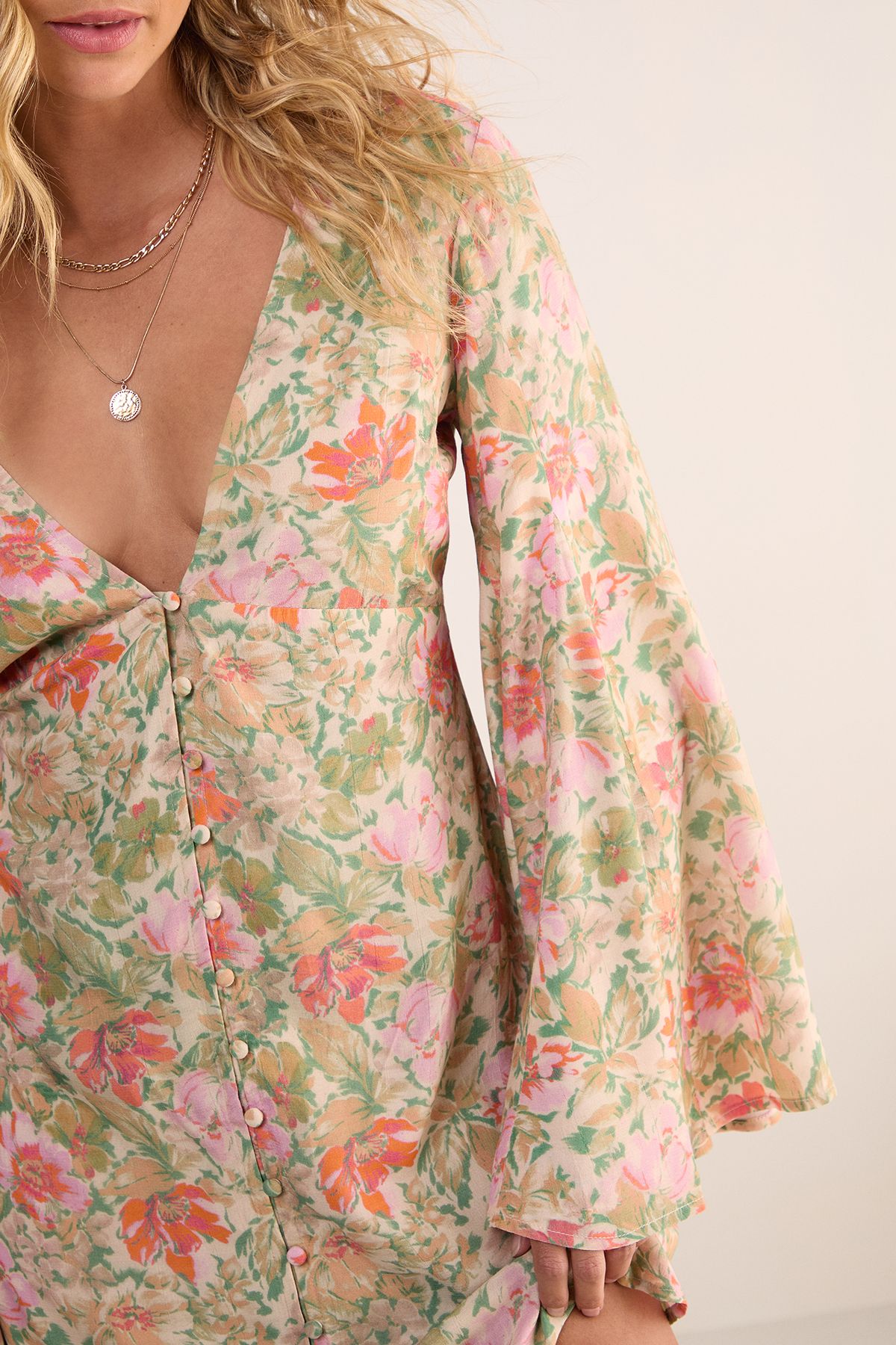 NastyGal Vintage Floral Button Through Extreme Flared Sleeve Mini Dress Green image 5