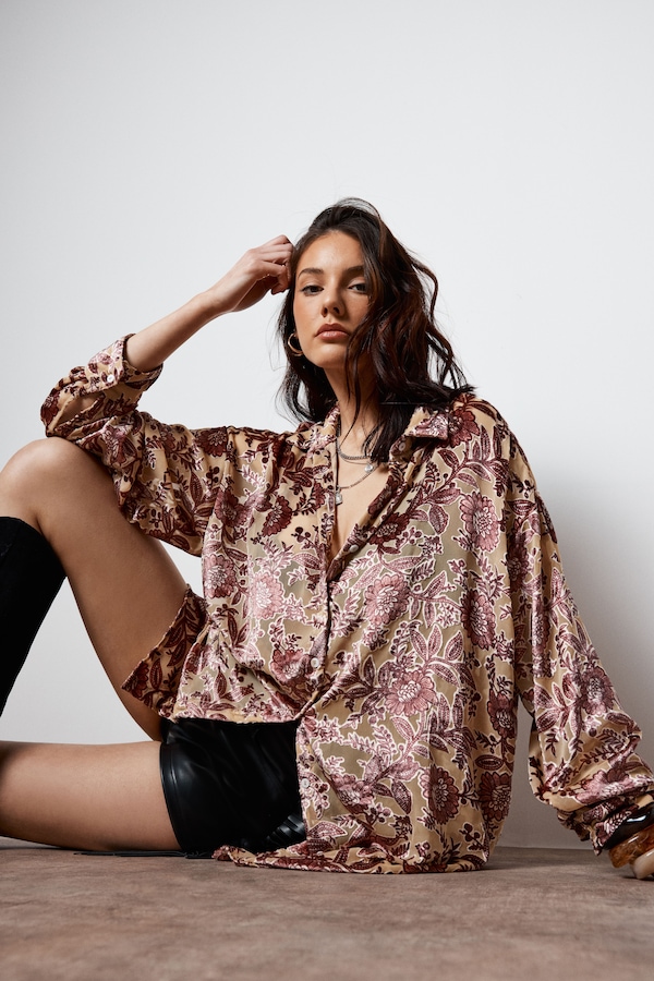 NastyGal Vintage Floral Devore Sheer Oversized Shirt Tan